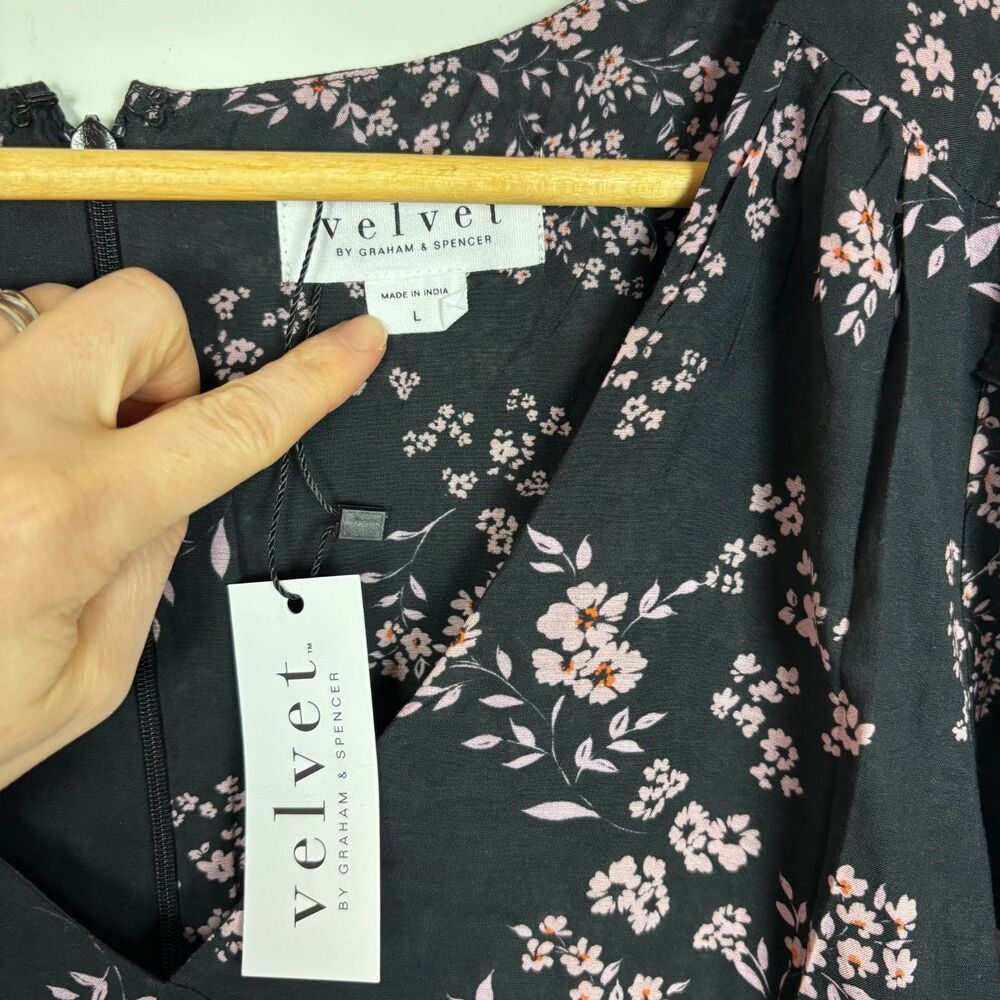 NWT Velvet Graham & Spencer India Printed Black Floral Dress Women’s Large Lined - Picture 6 of 9